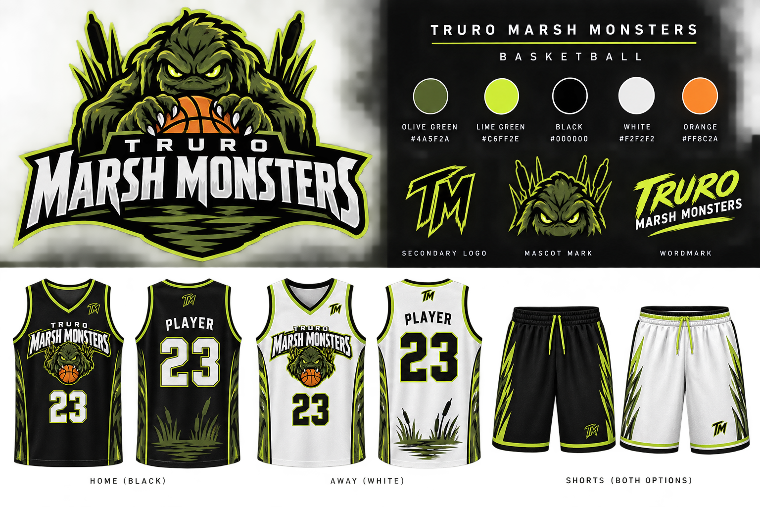 Truro Marsh Monsters branding board showing the crest, colors, black home and white away jerseys, and shorts